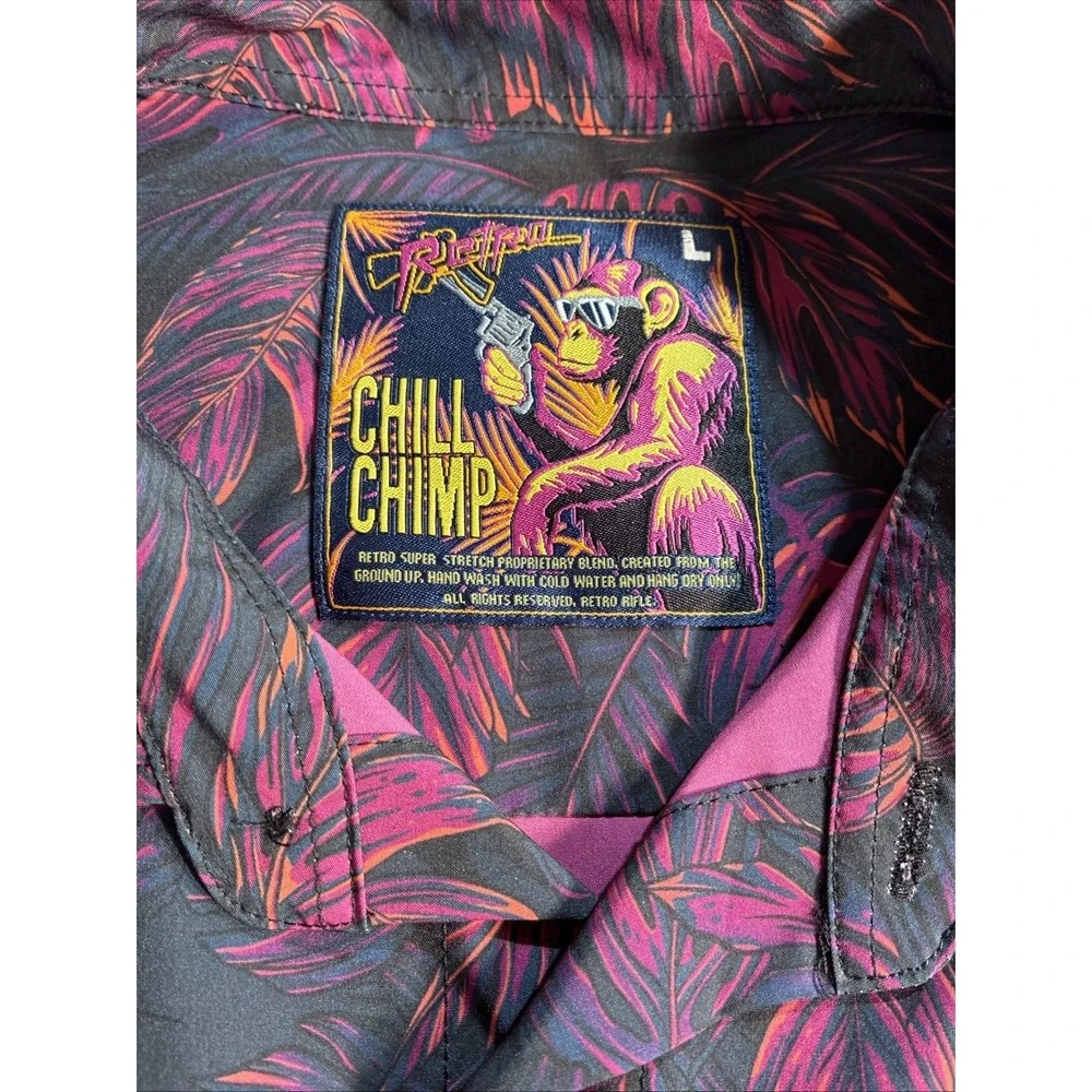 Retro Rifle Chill Chimp Button Up Shirt‎ Mens Large Black Purple Tropical Monkey